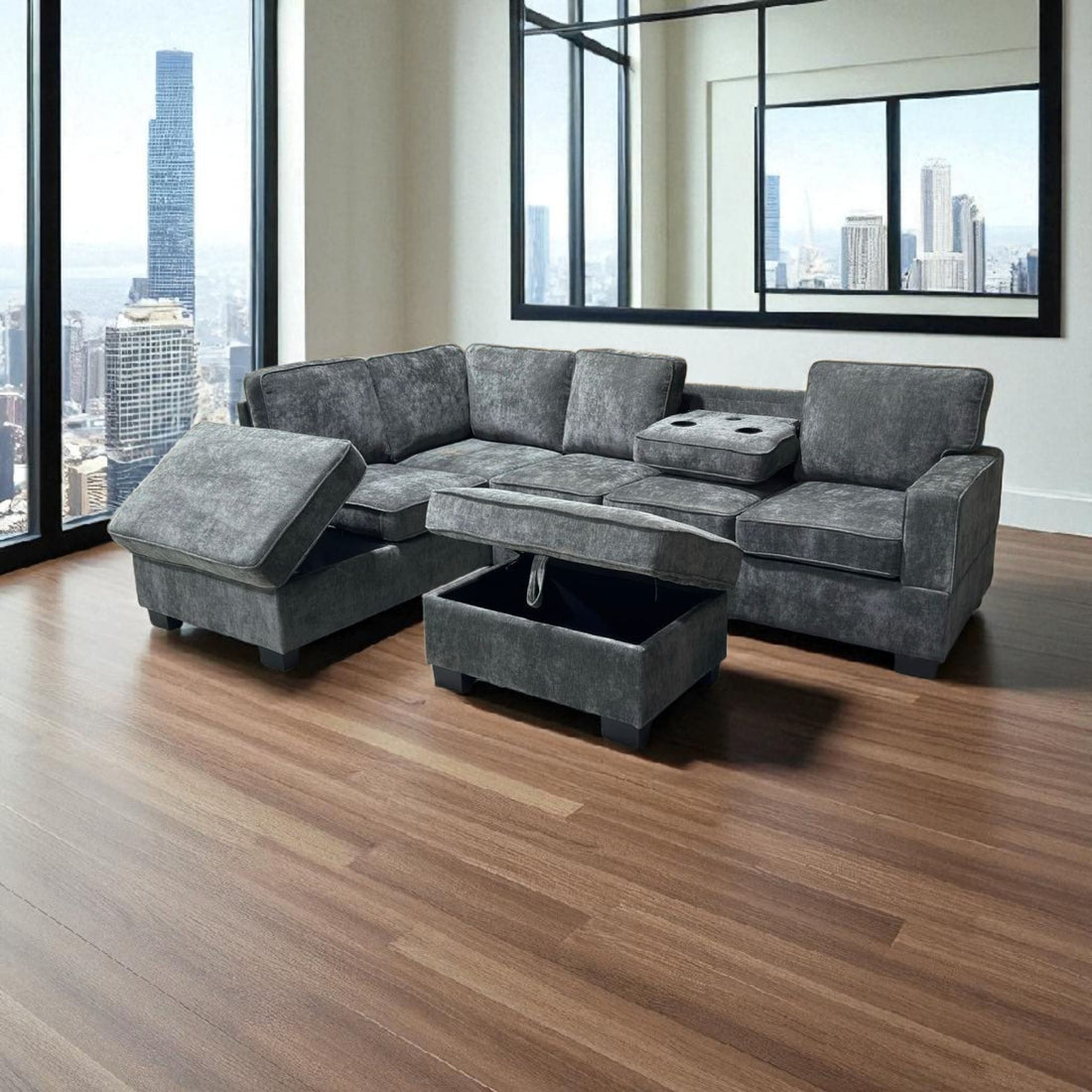 Modern Sectional Sofa with Storage Ottoman & Cup Holders in Grey or Cream