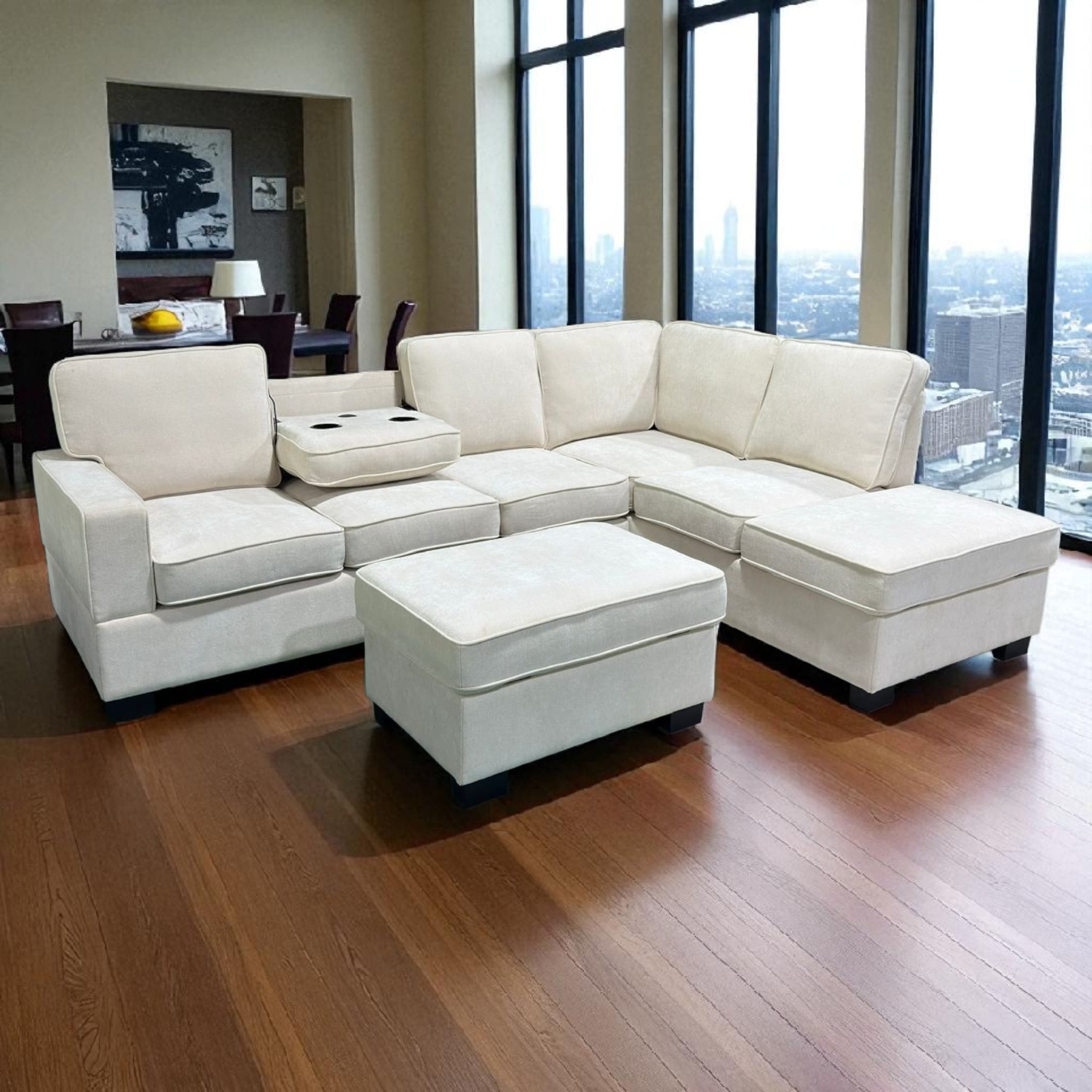 Modern Sectional Sofa with Storage Ottoman & Cup Holders in Grey or Cream