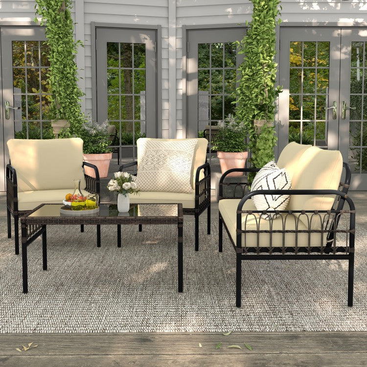 4 Pieces Outdoor Wicker Conversation Bistro Set with Soft Cushions and Tempered Glass Coffee Table