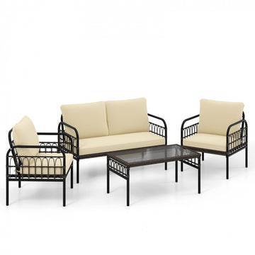 4 Pieces Outdoor Wicker Conversation Bistro Set with Soft Cushions and Tempered Glass Coffee Table