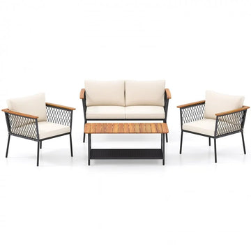 4 Piece Patio Rattan Furniture Set with 2-Tier Coffee Table