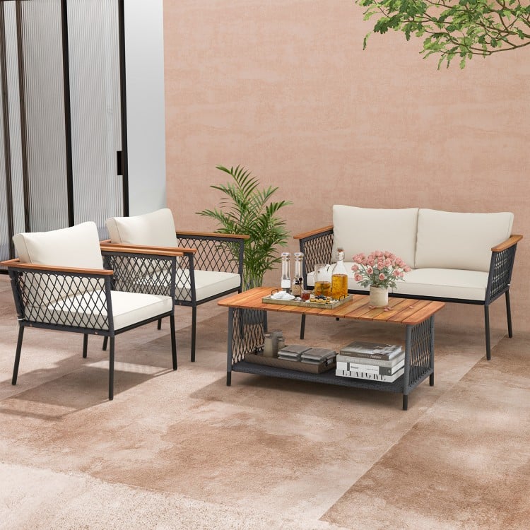 4 Piece Patio Rattan Furniture Set with 2-Tier Coffee Table