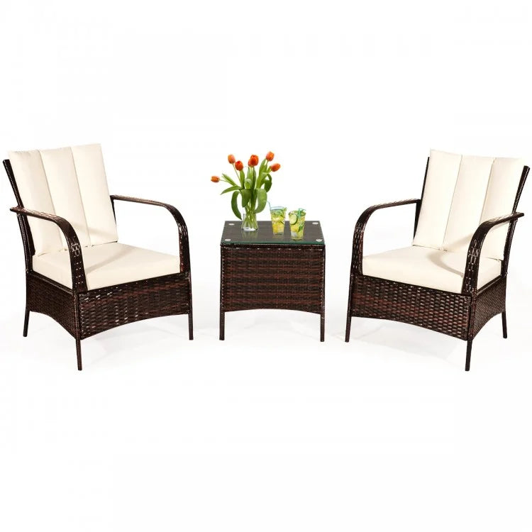 3 Pieces Patio Rattan Conversation Set with Glass Top Coffee Table and Cushions