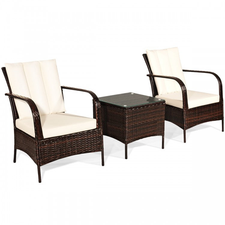 3 Pieces Patio Rattan Conversation Set with Glass Top Coffee Table and Cushions