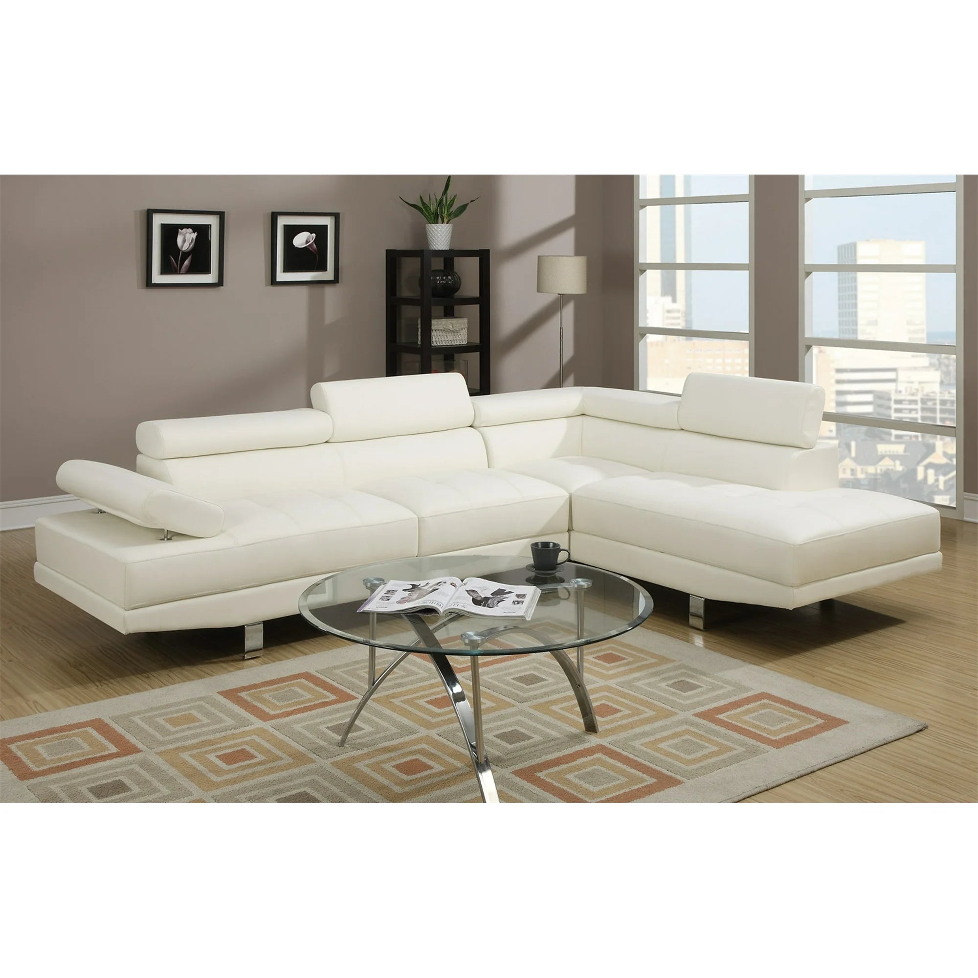 Paris Luxury Sectional in White or Black Faux Leather and Chrome Legs