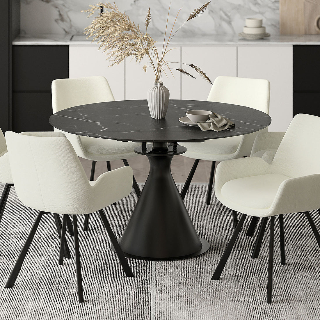 Calisto Round Pedestal Dining Table in Black - With Rectangular Shape Extension