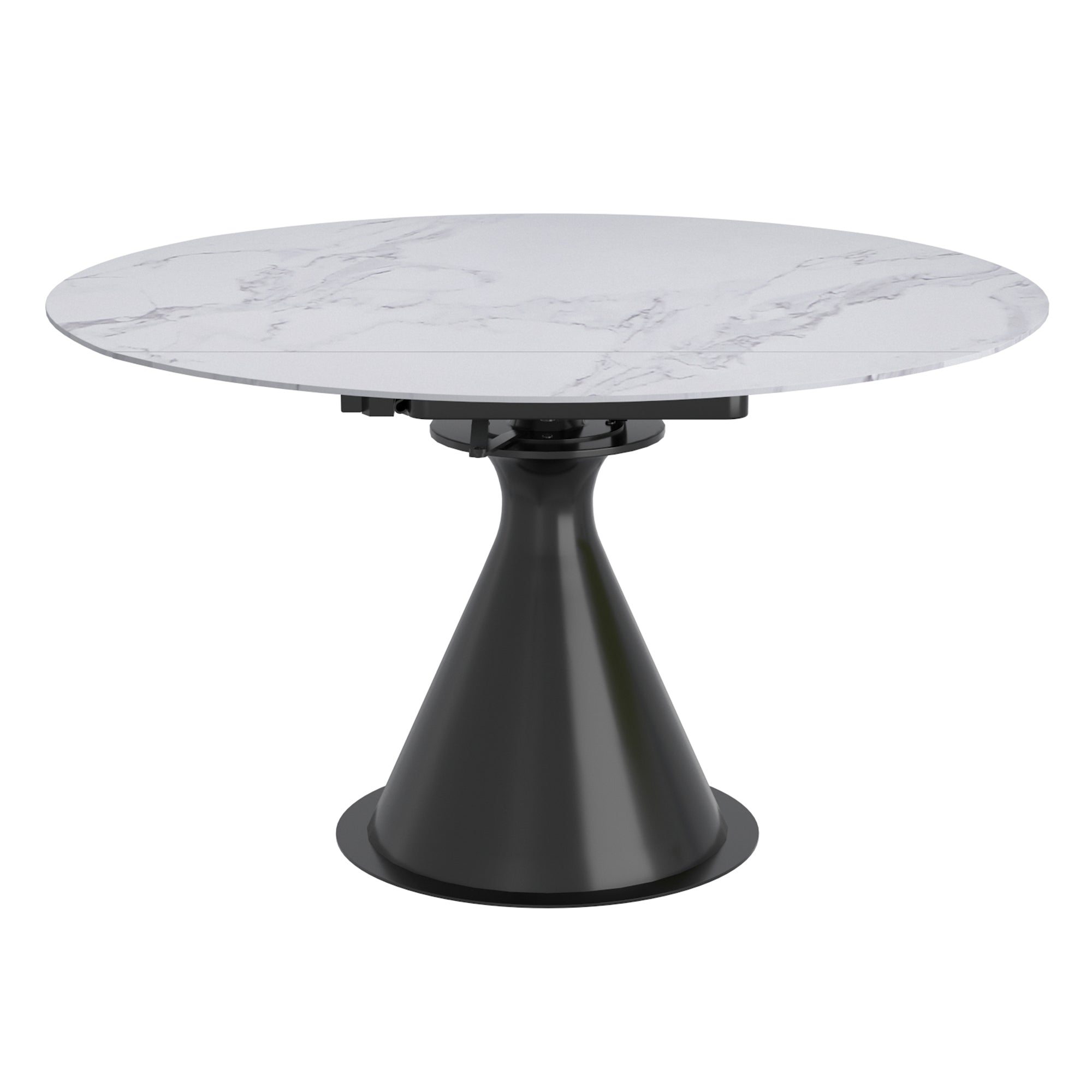 Calisto Round Pedestal Dining Table in White and Black - With Rectangular Shape Extension