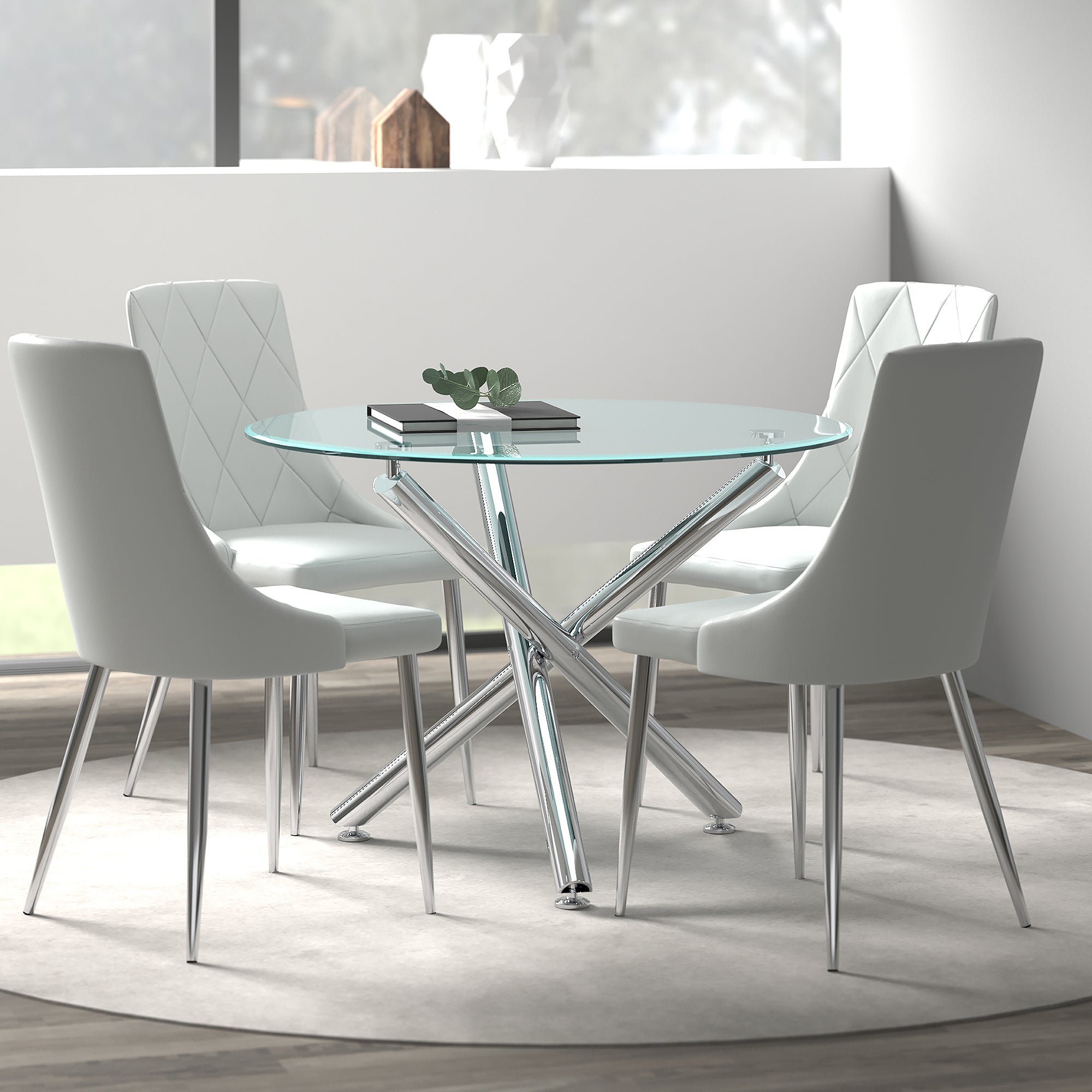 Solara/Devo 5pc Dining Set in Chrome with Grey Chair