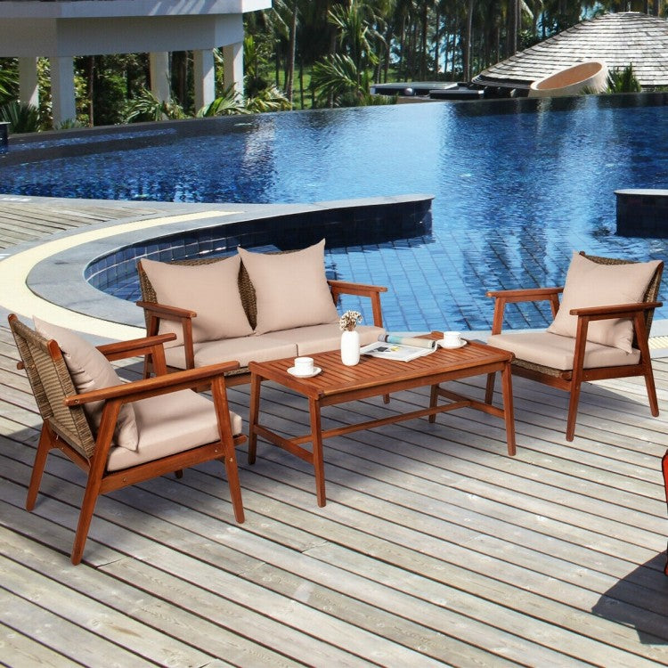 4 Pieces Acacia Wood Patio Rattan Furniture Set