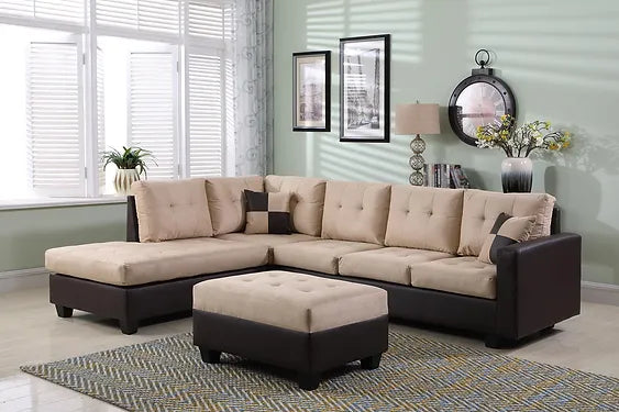 California Sectional Sofa in light Grey fabric and Black Leather