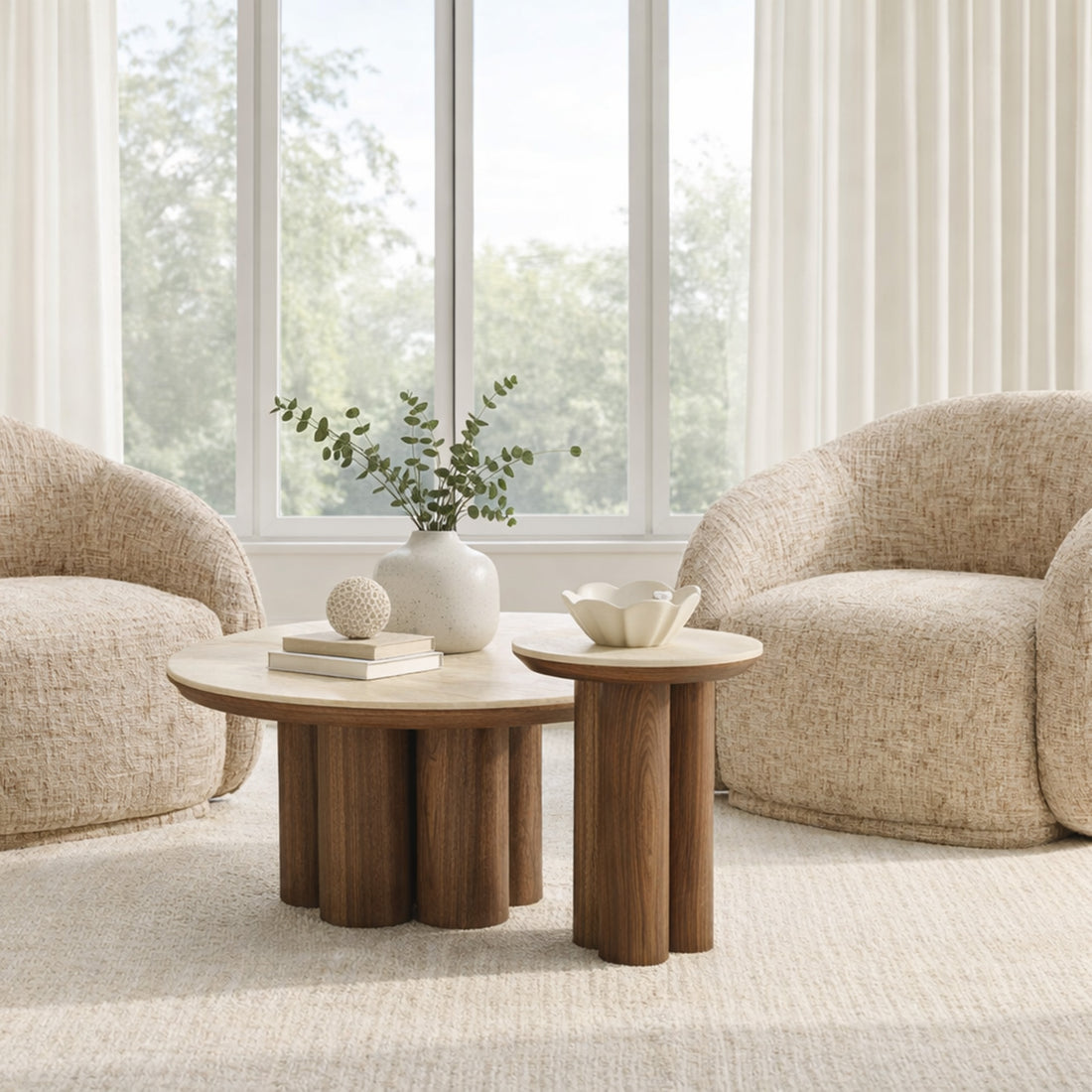 Seaton Round Coffee Table in Walnut and Travertine