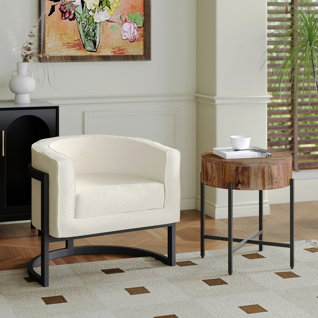 Zhuri Accent Chair in Ivory Boucle Fabric and Black Legs