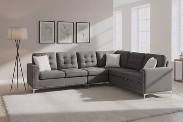 Sectional Sofa Reversible in Grey Velvet With Silver Legs