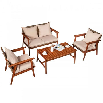 4 Pieces Acacia Wood Patio Rattan Furniture Set