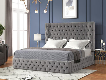 Bed De Luxe in Premium Grey Velvet With Deep Tufting