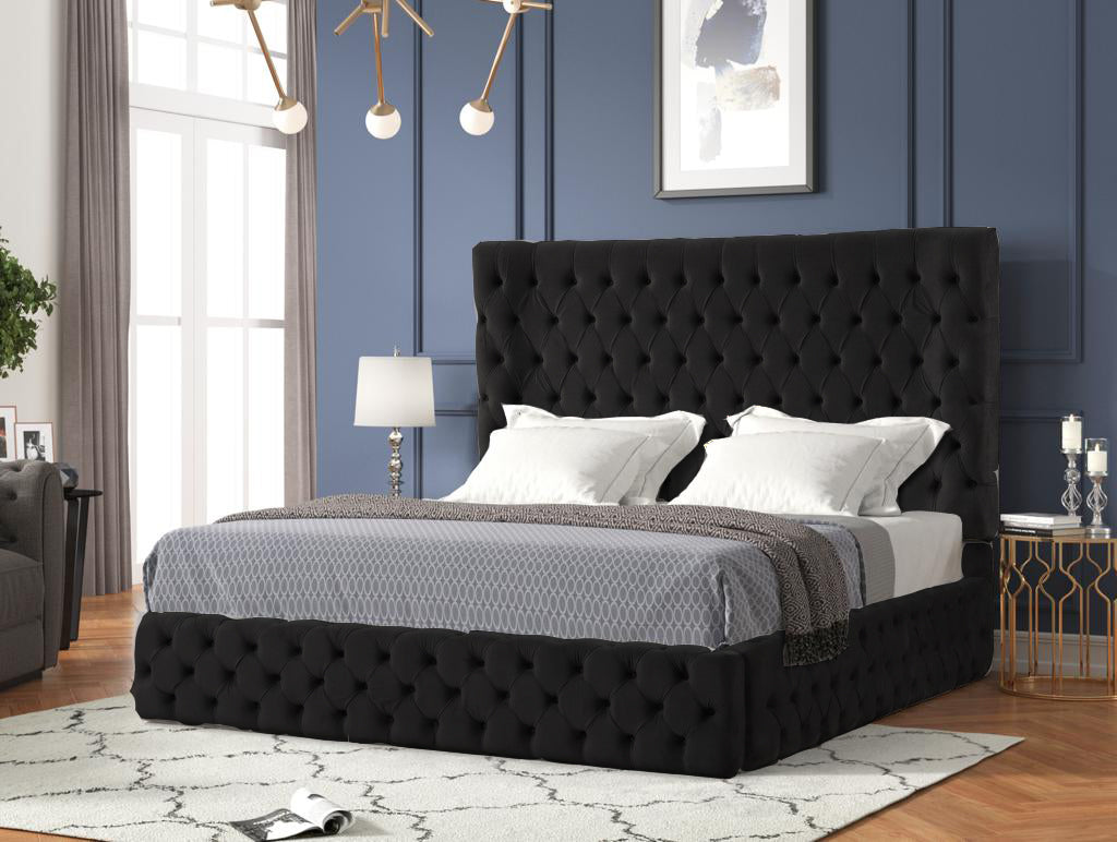 Bed De Luxe in Premium Black Velvet With Deep Tufting