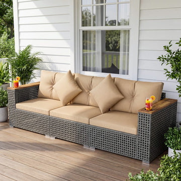 Patio Wicker Sectional Furniture Set with 1 Armless and 2 Corner Sofas for Garden With Beige Seating