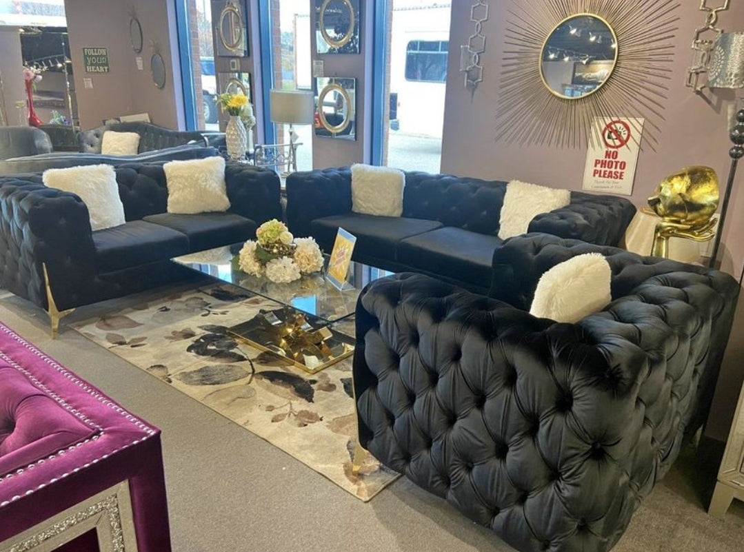 Premium Velvet 3-Piece Sofa Set with Deep Tufting and Gold Legs