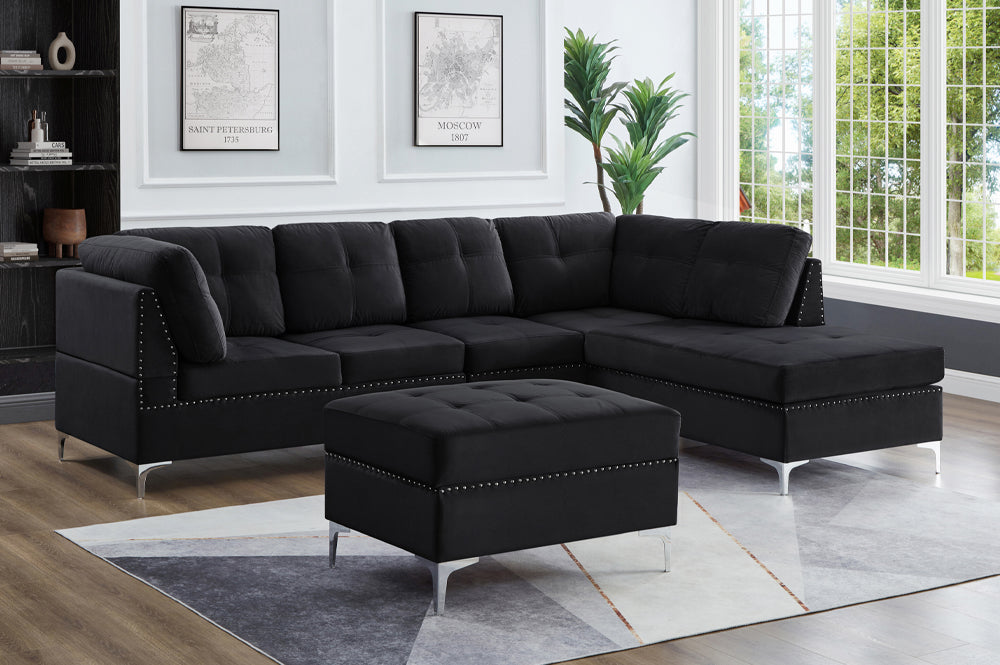 The Moose Sectional Sofa Set in Premium Black Velvet With Silver Legs