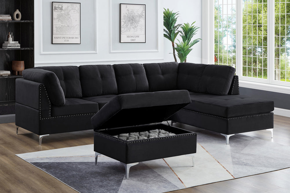 The Moose Sectional Sofa Set in Premium Black Velvet With Silver Legs