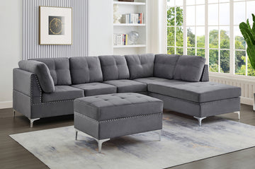 The Moose Sectional Sofa Set in Premium Grey Velvet With Silver Legs