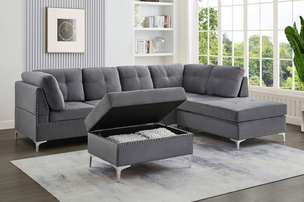 The Moose Sectional Sofa Set in Premium Grey Velvet With Silver Legs