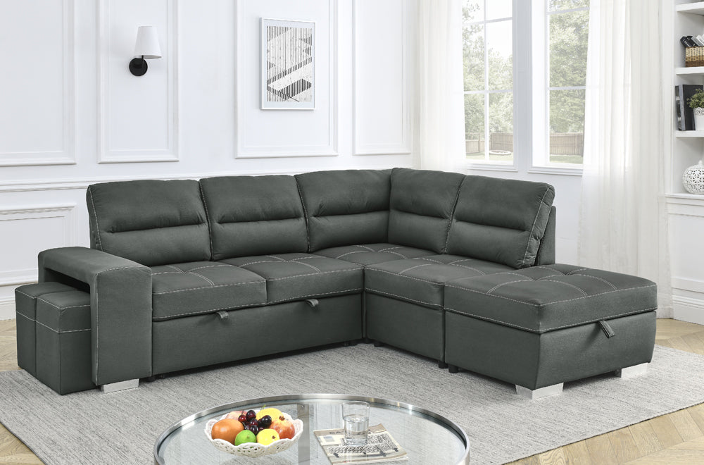 Grande Reversible Sofa-bed in Grey Air Suede Fabric with Storage Compartment and Side Seaters