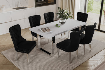 Loomy 7 Pcs Dining Set - White Gloss Veneer Table Top With Black Velvet Chairs