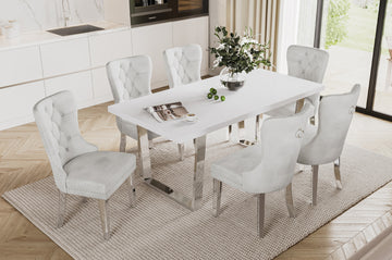 Loomy 7 Pcs Dining Set - White Gloss Veneer Table Top With Ivory Velvet Chairs