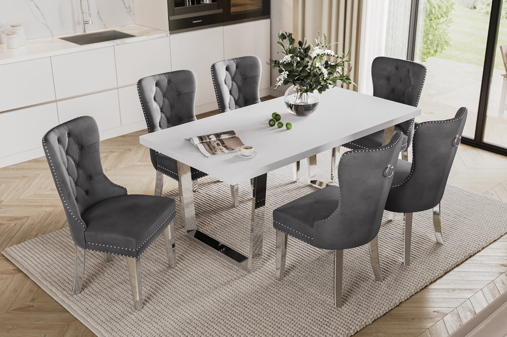 Loomy 7 Pcs Dining Set - White Gloss Veneer Table Top With Grey Velvet Chairs