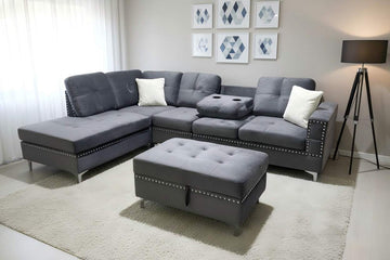 Sectional Sofa in Premium Grey Velvet