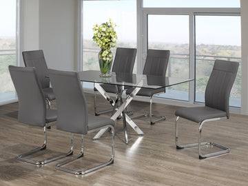 Silver dining Table With Grey Chairs