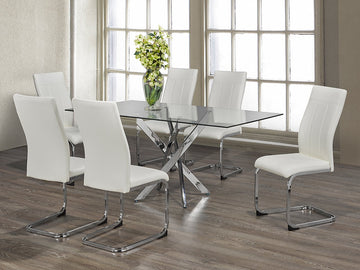 Silver Dining Table With White Chairs