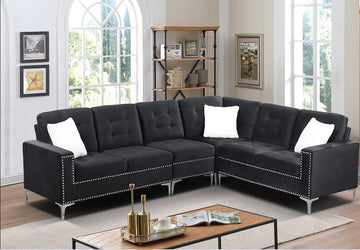 Sectional Sofa Reversible in Black Velvet With Silver Legs