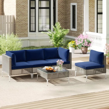 5 Piece Outdoor Furniture Set Patio Rattan Chairs with Tempered Glass Coffee Table