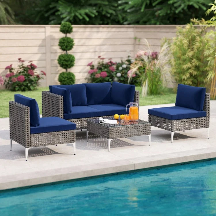 5 Piece Outdoor Furniture Set Patio Rattan Chairs with Tempered Glass Coffee Table