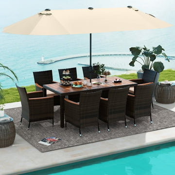 9 Piece Outdoor Dining Set with 15 Feet Double-Sided Twin Patio Umbrella