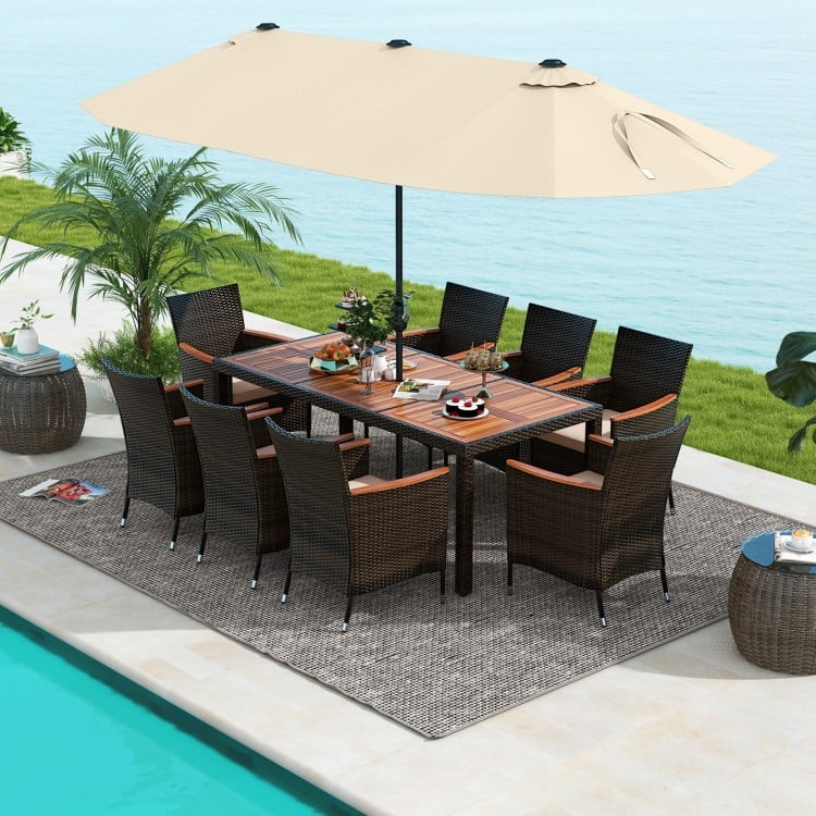 9 Piece Outdoor Dining Set with 15 Feet Double-Sided Twin Patio Umbrella